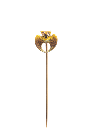 Victorian Owl Stick Pin in 15ct Gold with Enamel & Diamonds | c.1890s