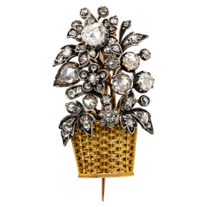 Fine gold rose diamond basket brooch