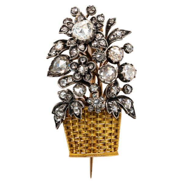 Fine gold rose diamond basket brooch - image 1