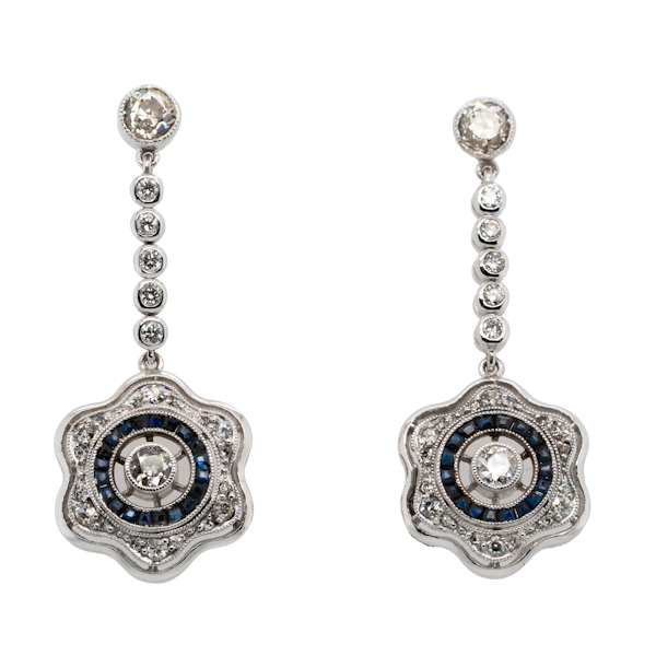 Art Deco diamond and calibre-cut sapphire earrings - image 1
