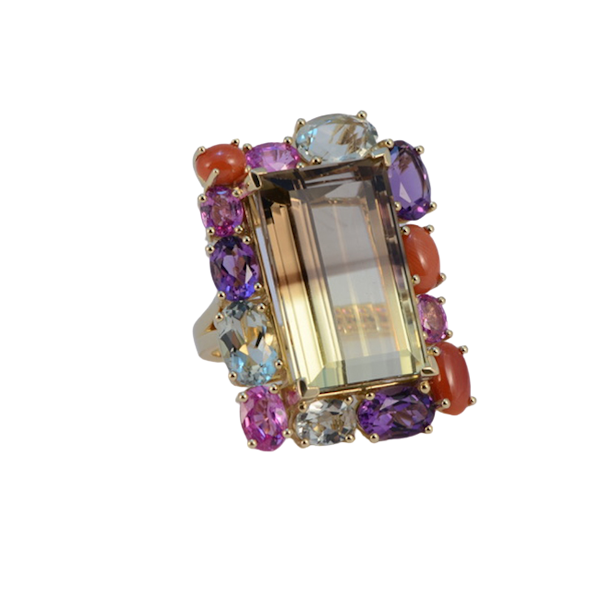 18k Yellow Gold Lamb Quartz stone (the main stone) surrounded by Pink Sapphire, Amethyst, Green Amethyst and Coral stone set Ring by Lilly Shapiro, SHAPIRO & Co since1979 - image 1
