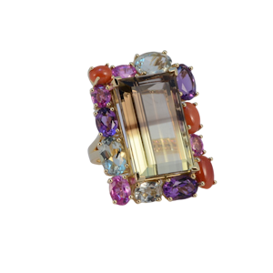 18k Yellow Gold Lamb Quartz stone (the main stone) surrounded by Pink Sapphire, Amethyst, Green Amethyst and Coral stone set Ring by Lilly Shapiro, SHAPIRO & Co since1979