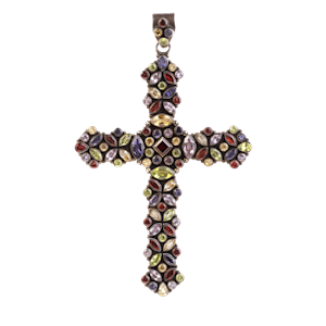 Large Silver Multi Gemstone Set Cross Pendant | European c.1910s