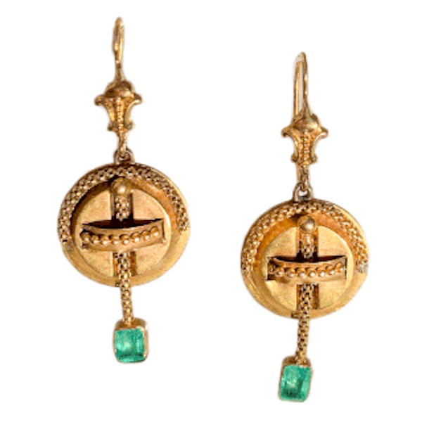 A Pair of Gold Emerald Drop Earrings - image 1
