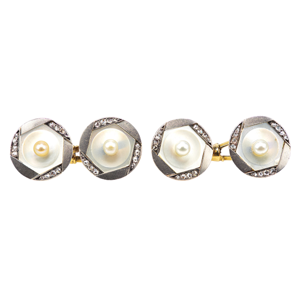Antique Cufflinks in 14 Karat Gold with Natural Pearl, Diamonds and Mother of Pearl, Austrian circa 1900. - image 1