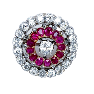 Burma ruby and diamond target brooch