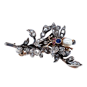 Antique diamond, ruby, sapphire and pearl naturalistic "bug on branch" brooch