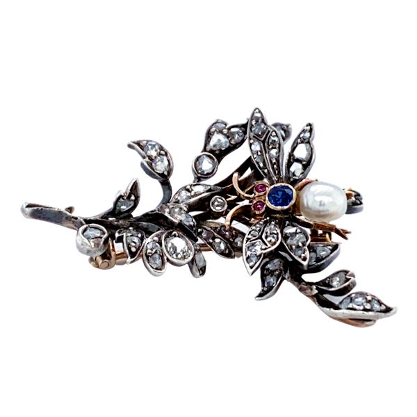 Antique diamond, ruby, sapphire and pearl naturalistic "bug on branch" brooch - image 1