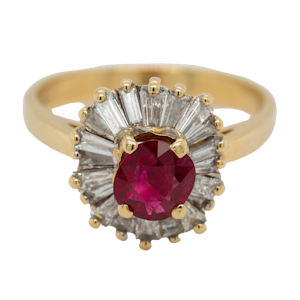 Ruby and diamond ballerina cluster ring