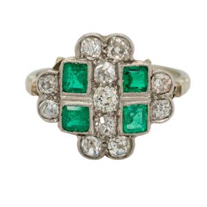Emerald and diamond tablet shape Art Deco cluster ring
