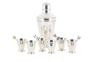 Fabulous Silver and Enamel Art Deco Cocktail Set