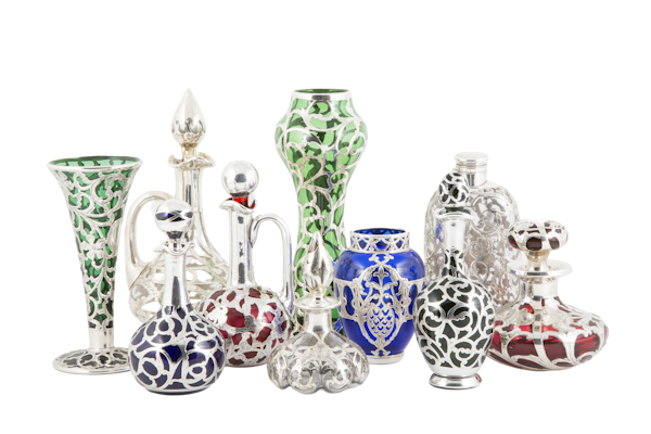Beautiful collection of stunning glass silver overlay perfume bottles and bud vases - image 1