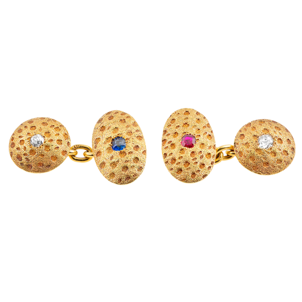 Antique Cufflinks in 18 Carat Gold with Stippled Design, Diamonds, Sapphire and Ruby, English dated 1891. - image 1