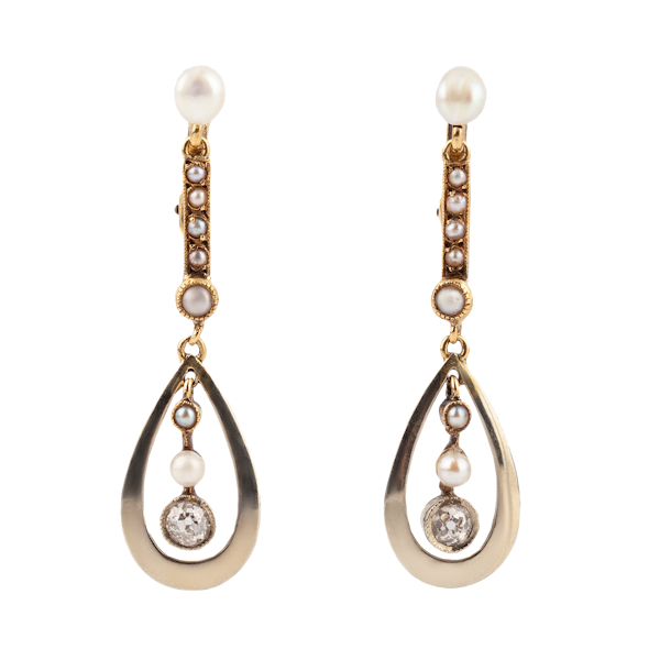 A Pair of Gold Diamond Pearl Drop Earrings - image 1