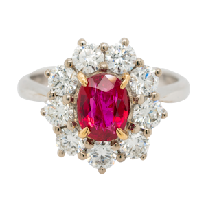 Ruby and diamond modern cluster ring