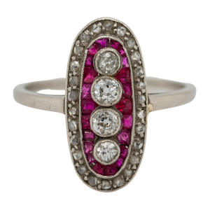 Ruby and diamond Art Deco oval shape platinum ring