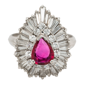 Ruby and diamond ballerina cluster ring