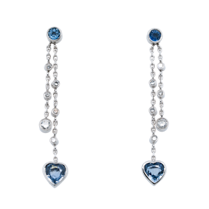 Diamond and sapphire long dangly heart shaped earrings