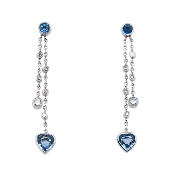 Diamond and sapphire long dangly heart shaped earrings - image 1