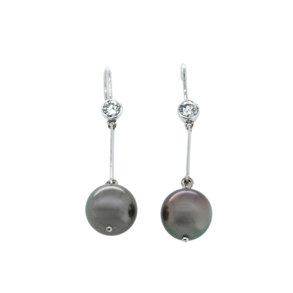 Black pearl and diamond drop earrings - image 1