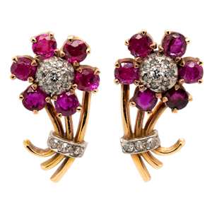 Ruby and diamond flower cluster antique earrings