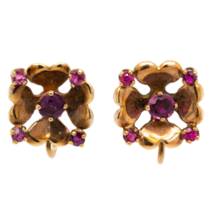 Garnet and gold flower shape screw on earrings