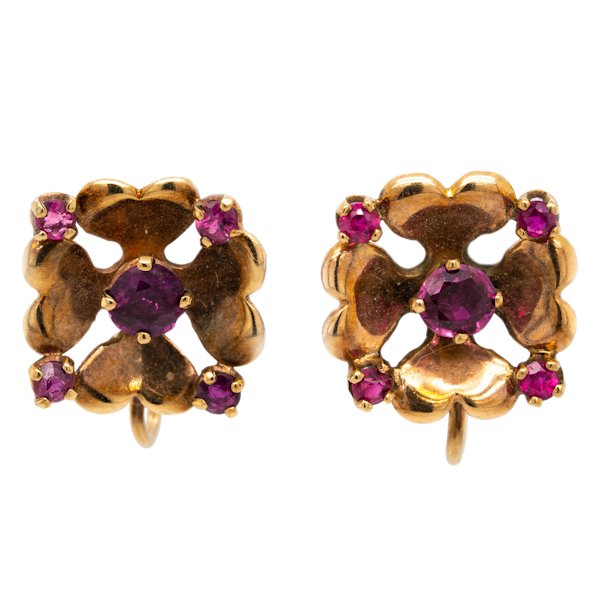 Garnet and gold flower shape screw on earrings - image 1