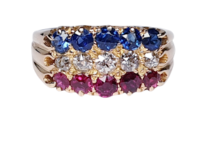 Antique three row sapphire diamond and ruby ring  DBGEMS