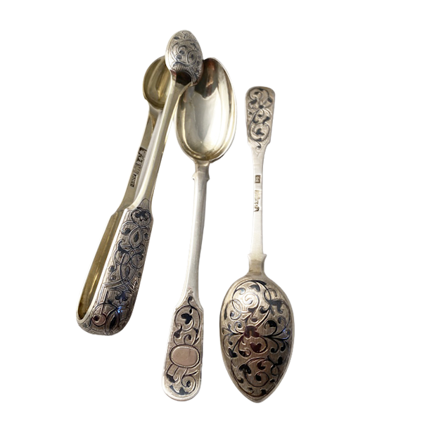 Date Moscow 1866 & 1867, Russian Silver Niello Spoons & Sugar Tongs, SHAPIRO & Co since1979 - image 9