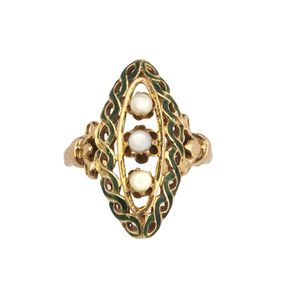 Victorian Pearl and enamel 18ct gold marquise ring. Spectrum Antiques - image 1