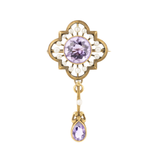 Edwardian amethyst and pearl large pendant with amethyst drop