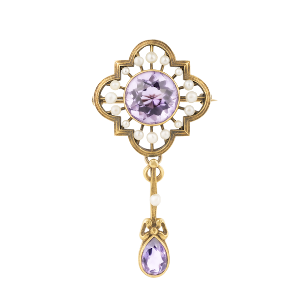 Edwardian amethyst and pearl large pendant with amethyst drop - image 1