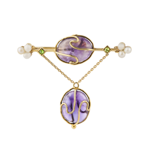 Art Nouveau amethyst, pearl and demantoid garnet brooch/pin