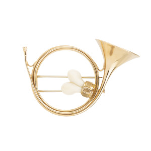 Hunting French horn gold and deer antlers brooch