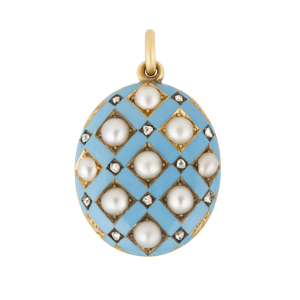 Victorian blue enamel, pearls and  rose cut diamond fancy locket/pendant