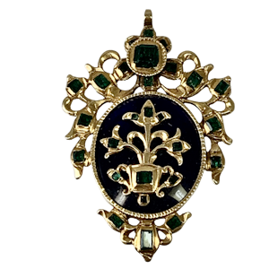 Seventeenth century enamelled gold pendant with emeralds