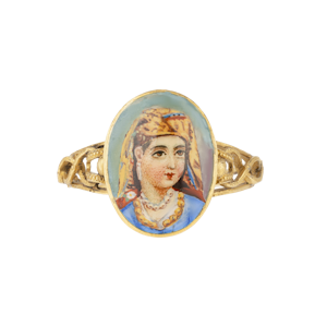 Oriental lady enamel portrait gold ring