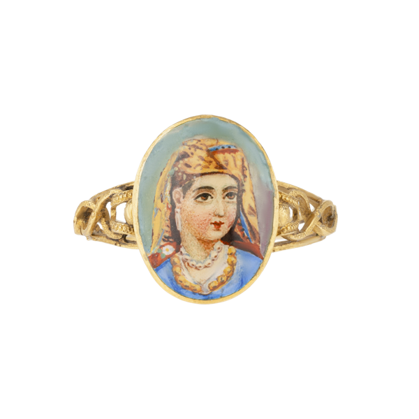 Oriental lady enamel portrait gold ring - image 1