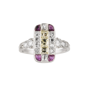 Art Deco diamond, ruby and fancy yellow diamonds tablet ring
