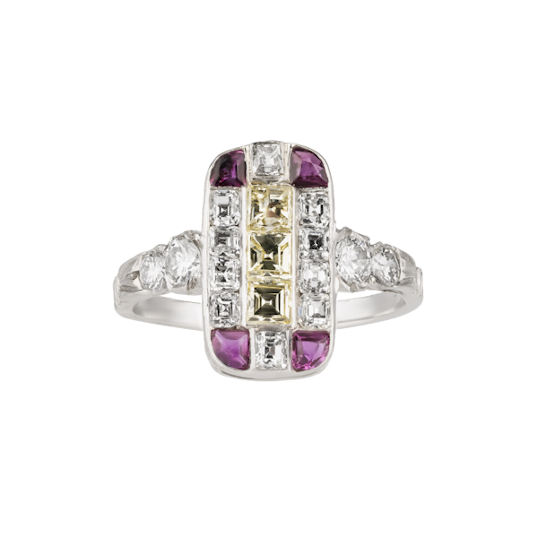 Art Deco diamond, ruby and fancy yellow diamonds tablet ring - image 1