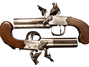 Pair 3 barrelled flintlock pistols