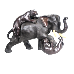 Japanese Bronze elephant being attacked by tigers