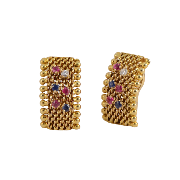 18ct Gold Clip Earrings Ruby Diamond Sapphire by Sannit & Stein for Kutchinsky date circa 1960 SHAPIRO & Co since1979 - image 1