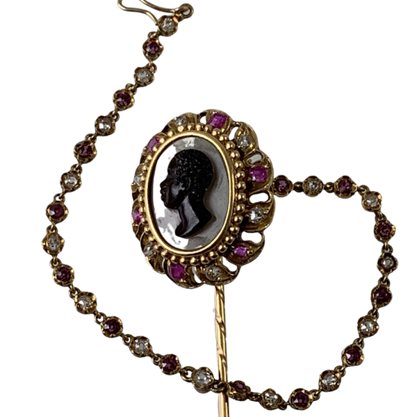 Ca 1860 agate cameo pin with diamonds and rubies - image 1