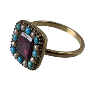 Ca 1820 gold ring with garnet and turquoise and pearls