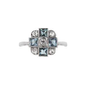 Aquamarine & Diamond Checkerboard Ring | 18ct Gold & Platinum | English c.1950s