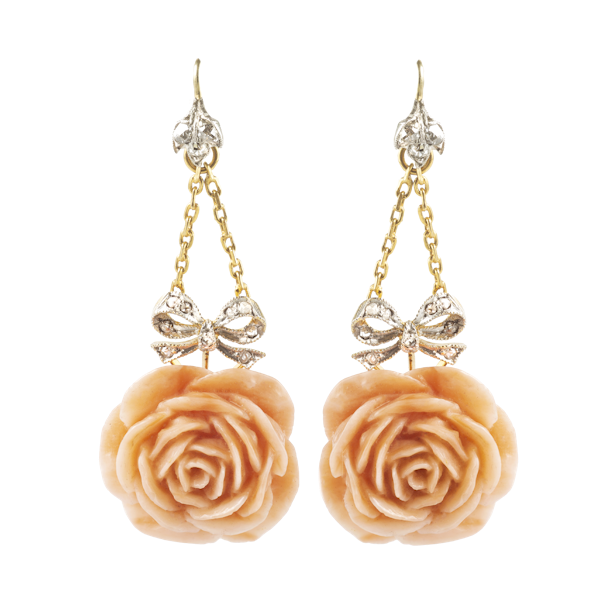 A Pair of Coral Diamond Gold Drop Earrings - image 1