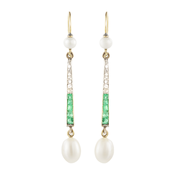 A Pair of Emerald Pearl Diamond Gold Drop Earrings - image 1
