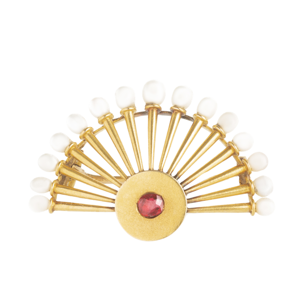 A French Pearl Ruby Gold fan Brooch - image 1