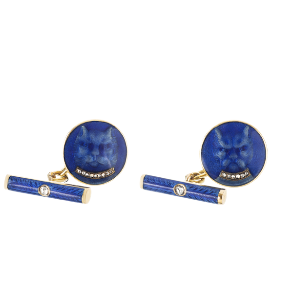 A pair of Blue Enamel Gold Cufflinks with Diamond Collars - image 1